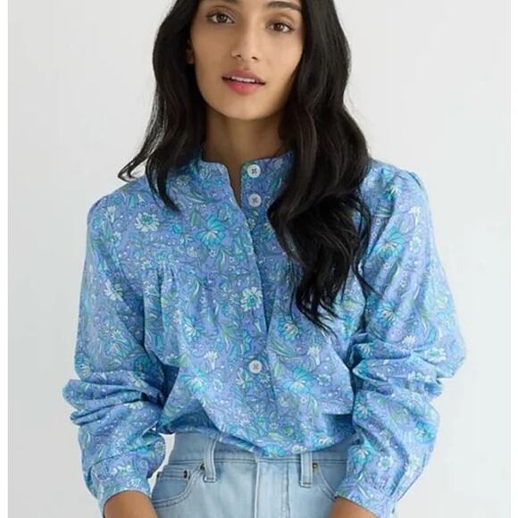 J. Crew Cotton Poplin Floral Fresco Top Blue Size Medium - Picture 1 of 9